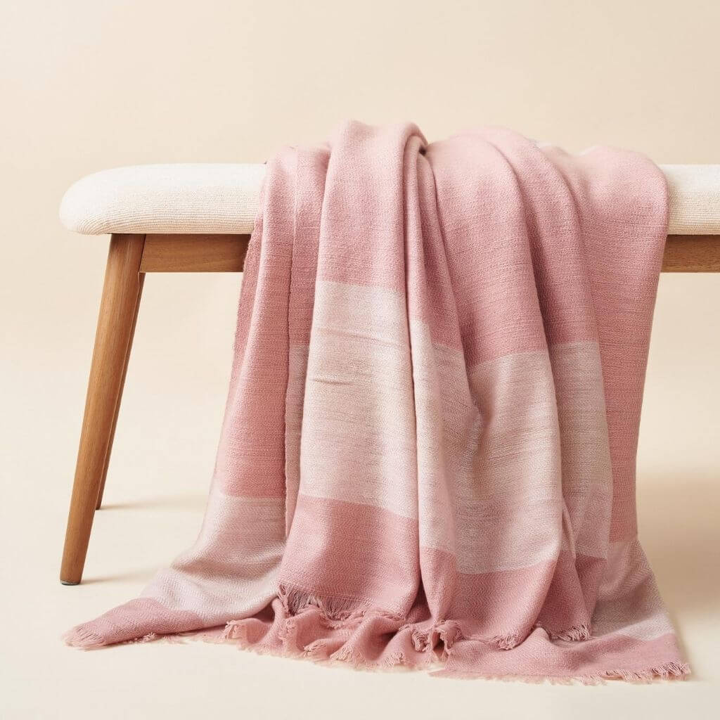Rosa Plush Maroon Plush Merino Queen Bedspread / Large Throw displayed on a wooden bench in soft pink hues.