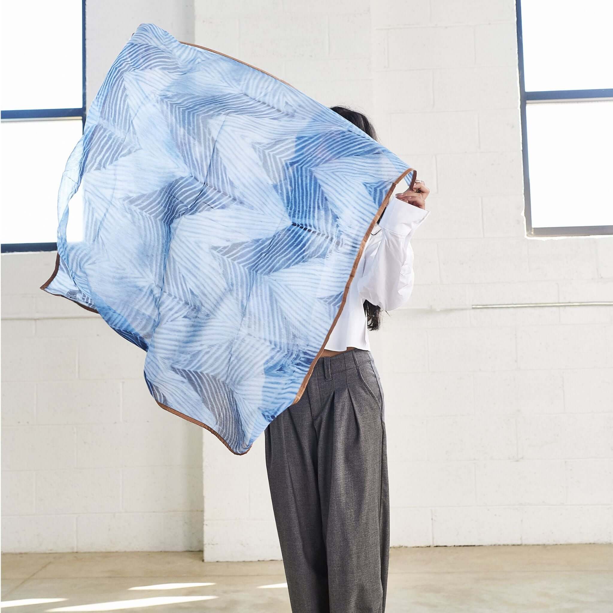 Hand Printed Silk Chiffon Scarf in Indigo Shibori Print – Variously