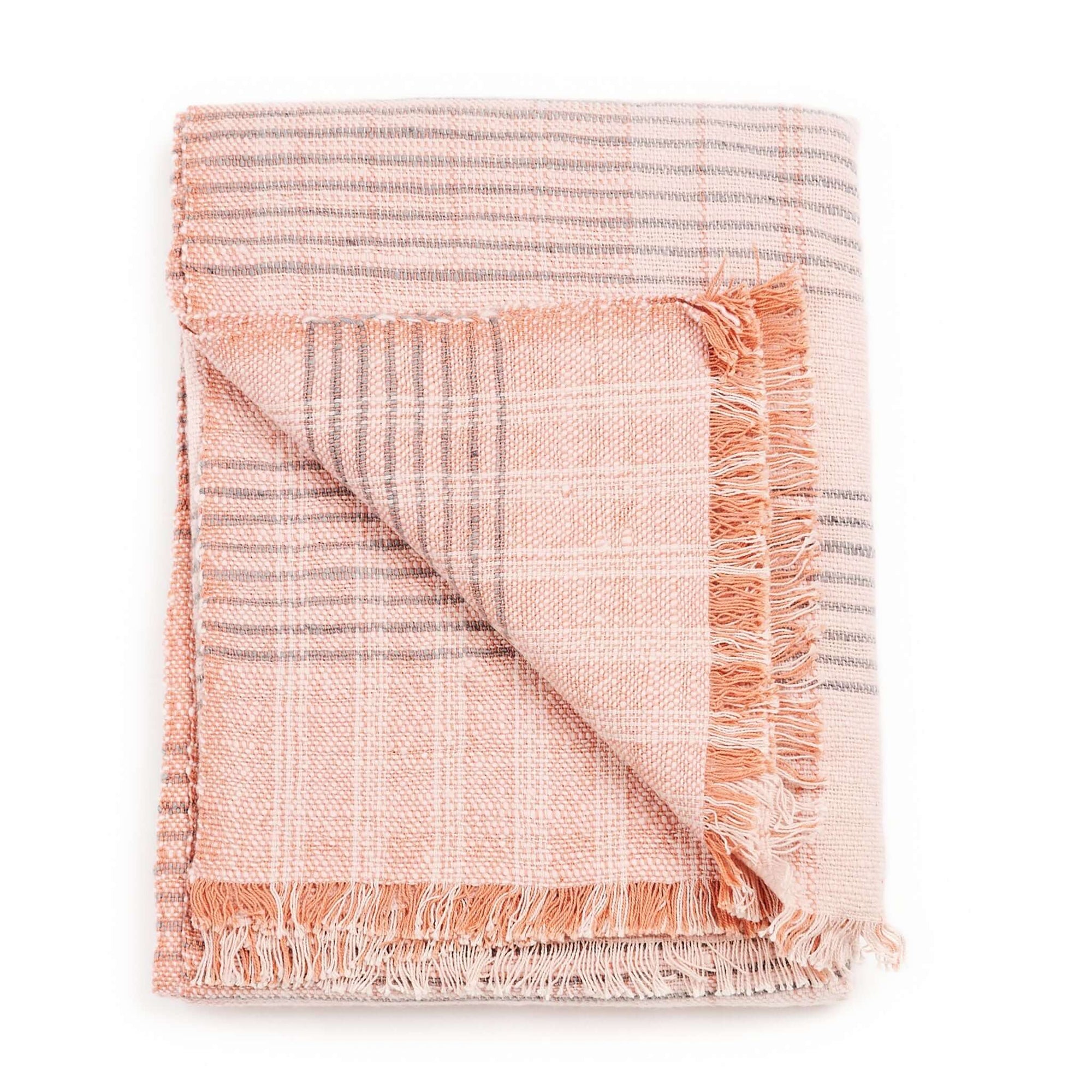 Silica Rose In Shades of Salmon Pink Gray Stripes Pattern Soft Handwoven Merino Throw folded with fringes