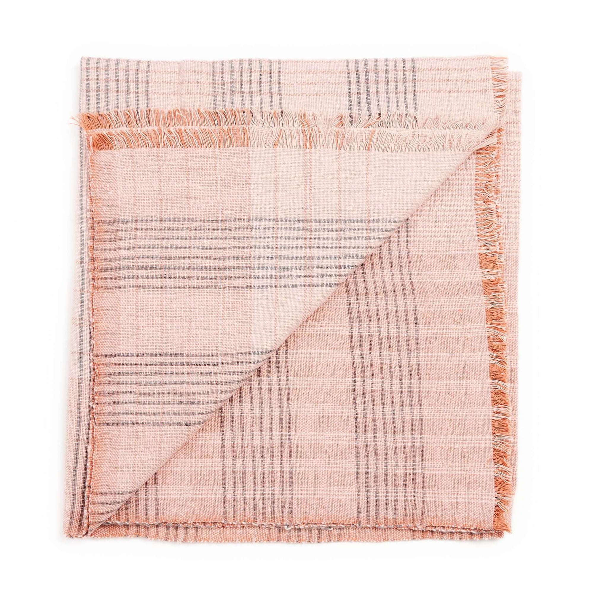Silica Rose In Shades of Salmon Pink Gray Stripes Pattern Soft Handwoven Merino Throw on a white background.