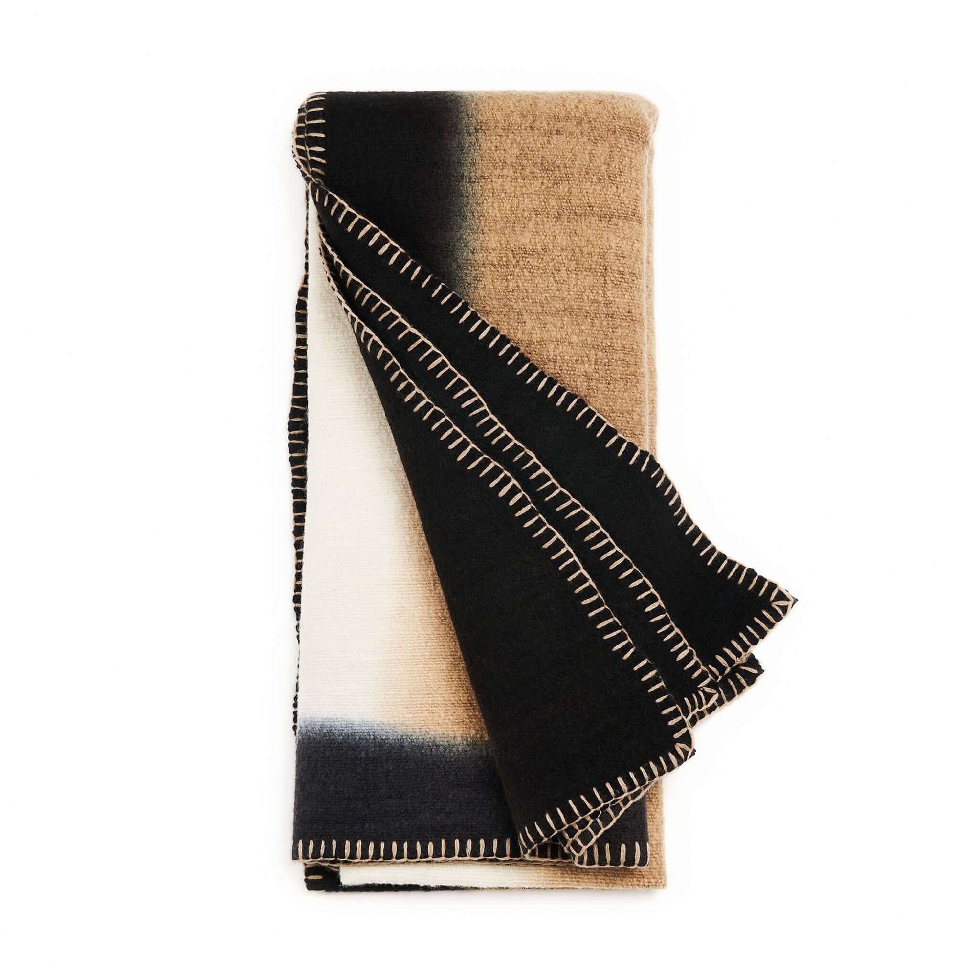 Siro Brown Handwoven Merino Artisan Throw Blanket elegantly displayed with contrasting colors and stitched detailing.