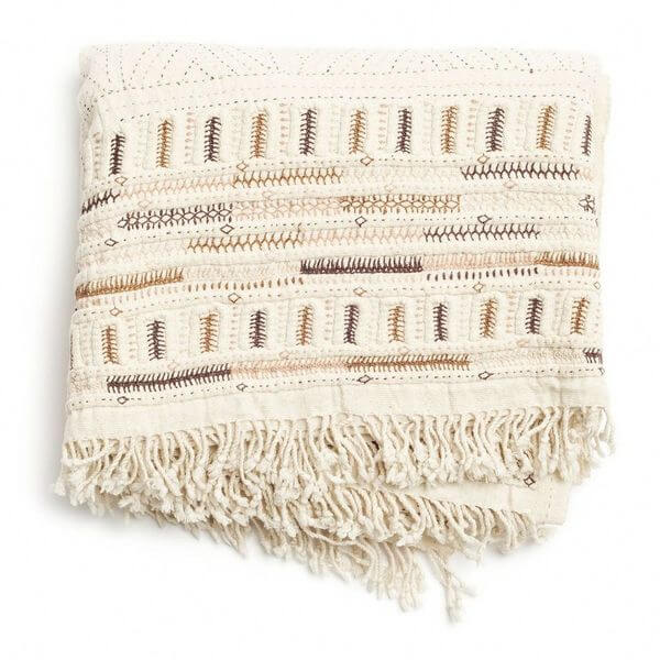 Unah Coral Fully Hand Embroidered Handwoven Organic Cotton Throw with intricate patterns and tassels.