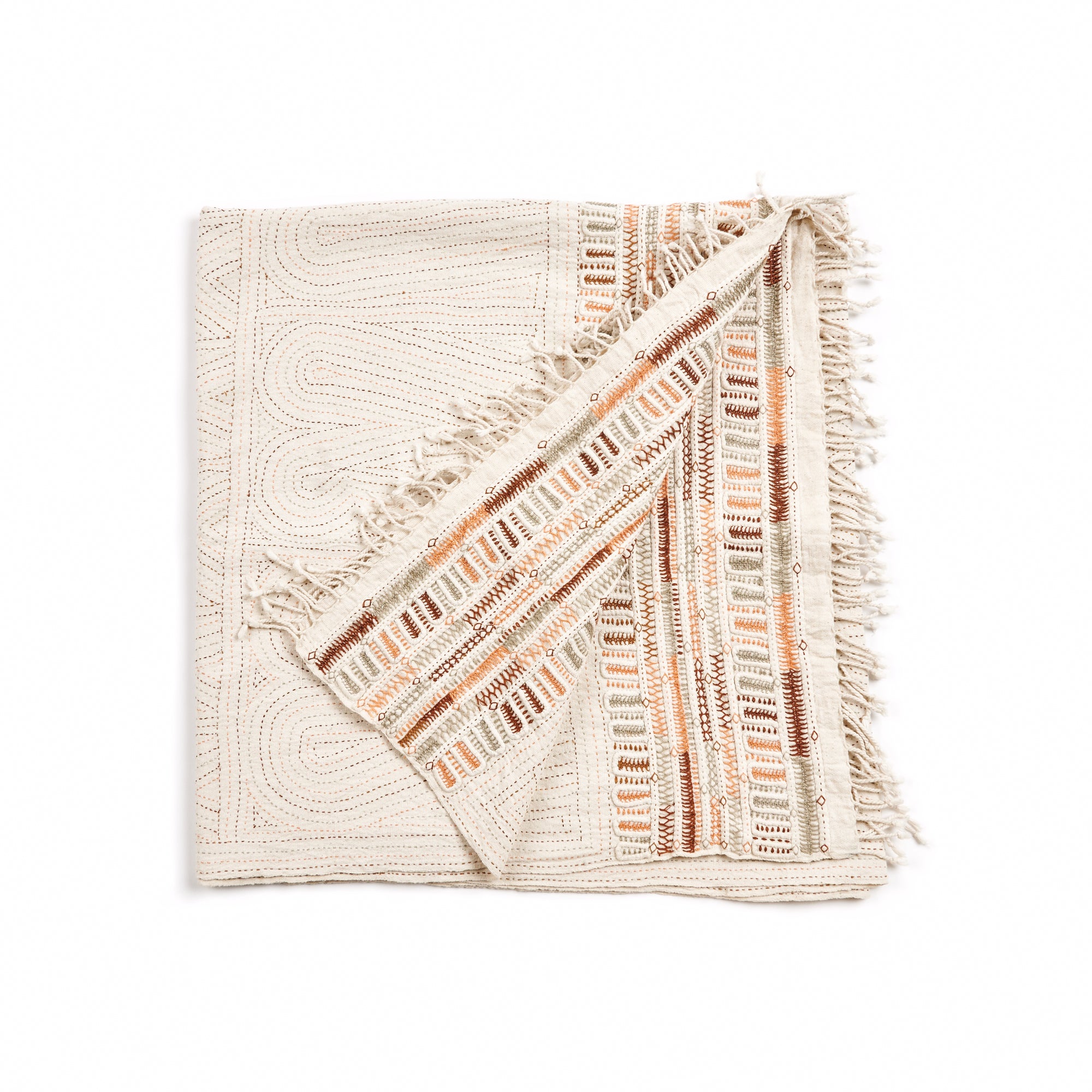 Unah Coral Hand Embroidered Handwoven Cotton Artisan Throw featuring intricate handwork and colorful borders.