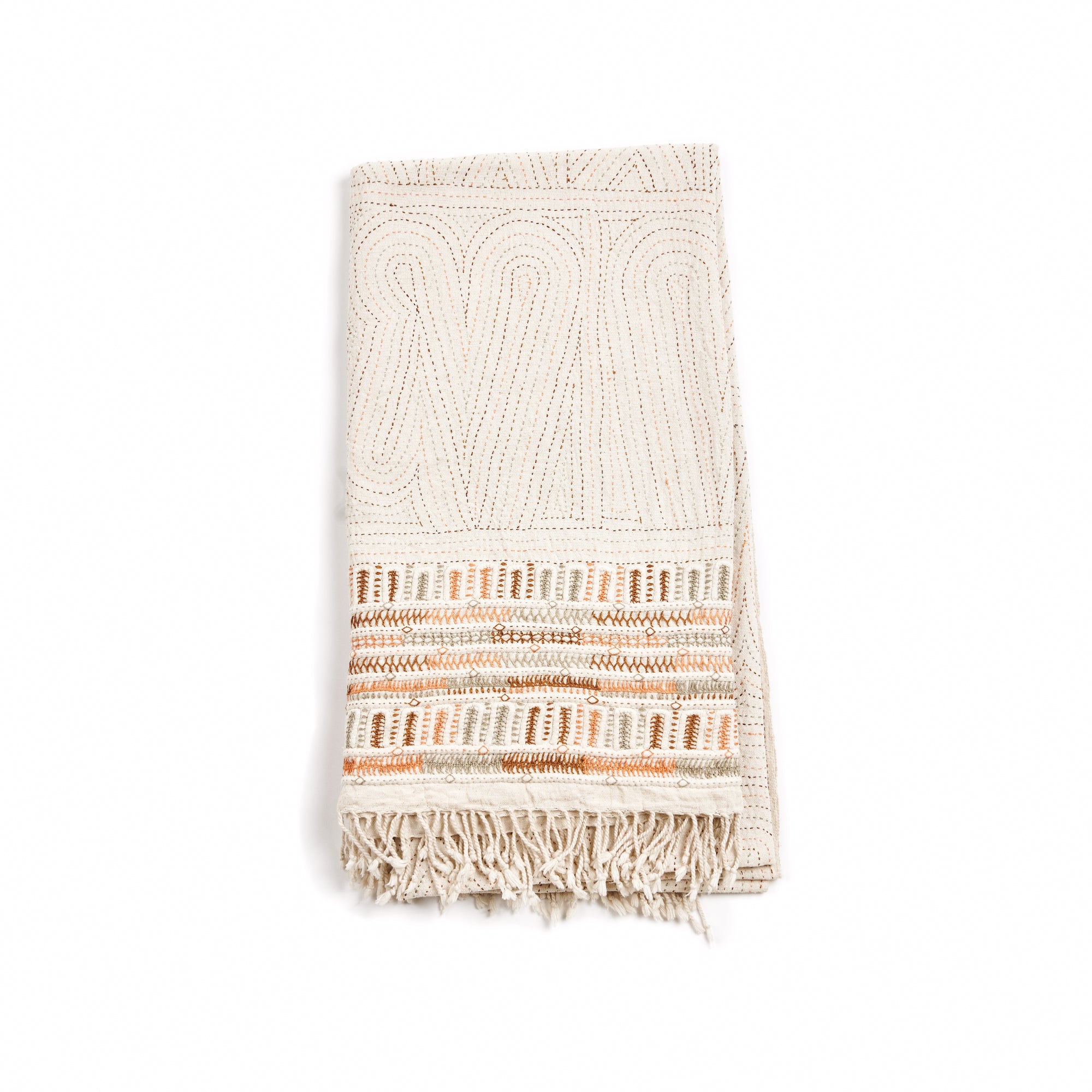 Unah Coral Hand Embroidered Handwoven Cotton Artisan Throw showcasing intricate designs and soft textures.