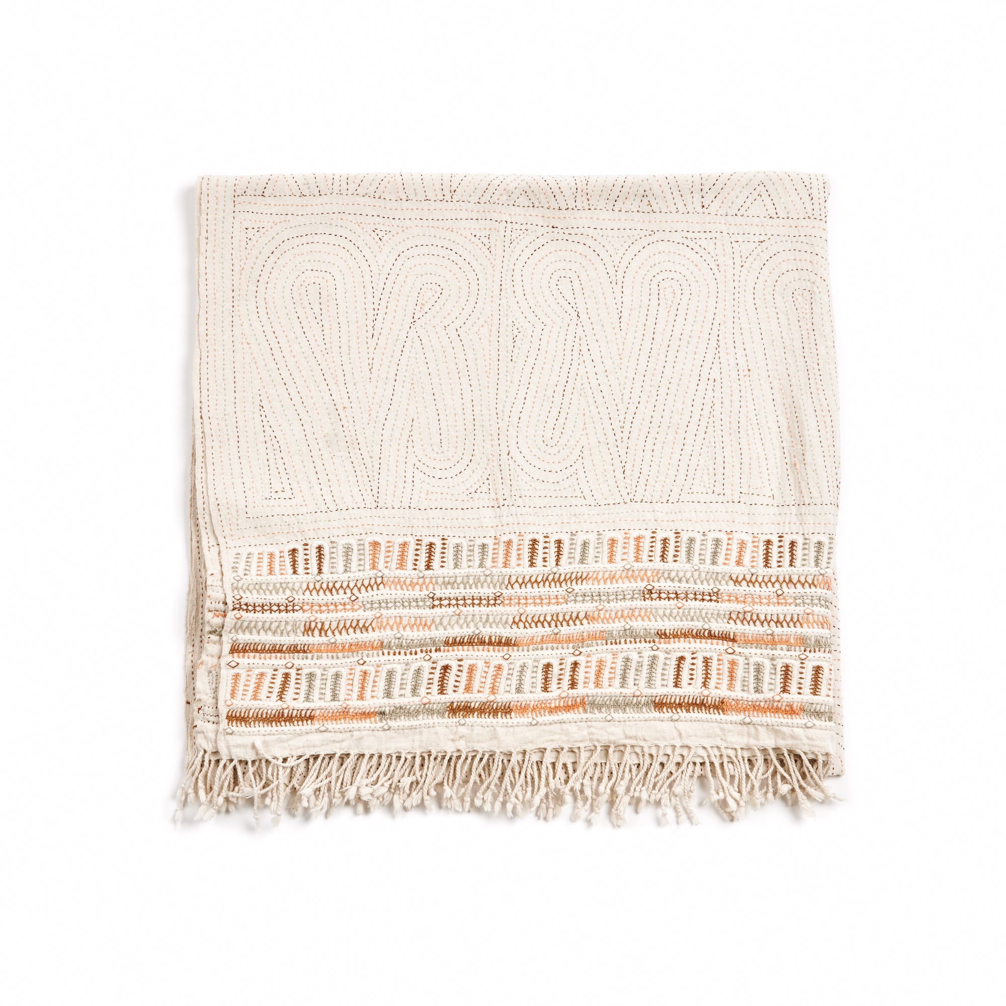 Unah Coral Hand Embroidered Handwoven Cotton Artisan Throw featuring intricate hand-embroidered designs and colorful borders.